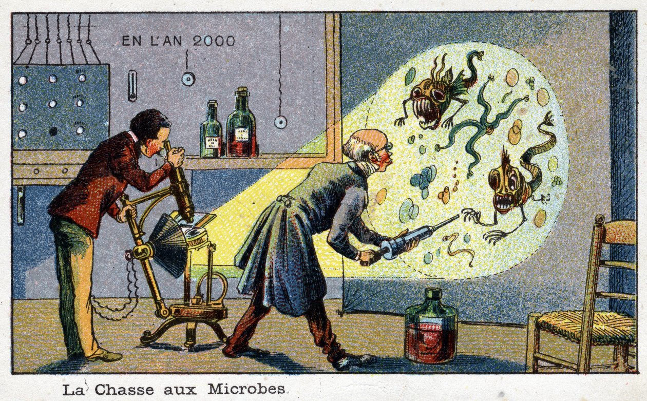 未来之日。十九世纪对2000年的展望系列。猎杀微生物（2位科学家用机器取出放大的微生物）。维勒马德的铬光刻技术 作者 法语学校