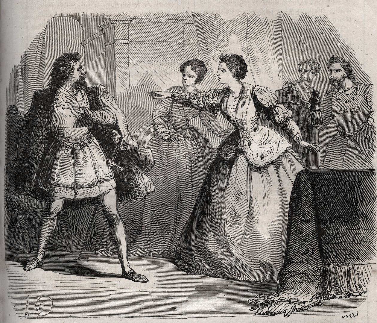 Gabrielle de Vergy与她的未婚夫Eudes de Fayel发生争执，后者嫉妒她与表哥Albert de Nozereau的友谊。12世纪传说的场景。亨利-德-科克（Henry de Kock）（1819-1892）1871年在 "Histoire Des Cocus Celebres "中的雕版画。 作者 法语学校