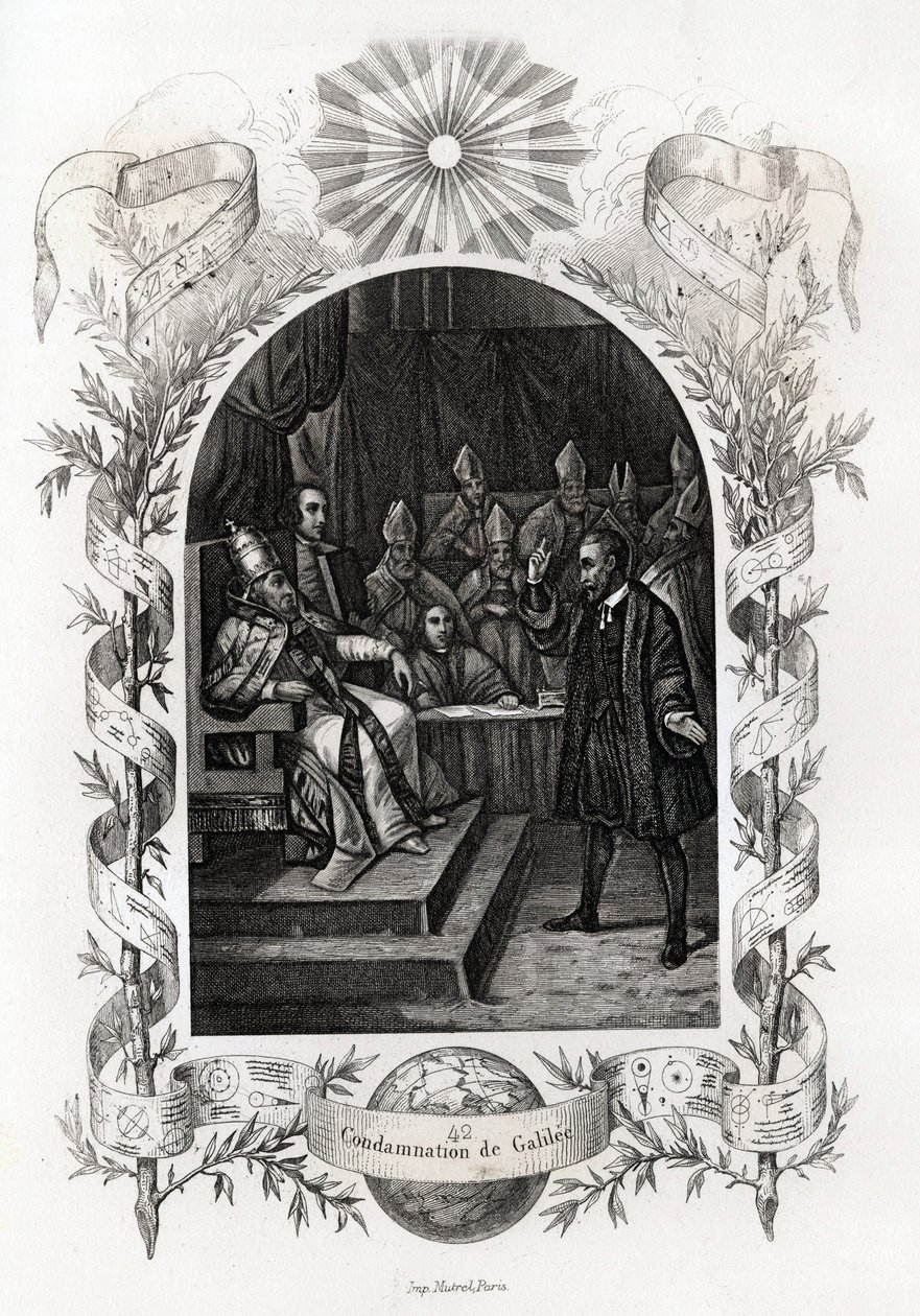 Galilee (或 Galileo Galilei (1564-1642)) 在梵蒂冈的神圣办公室前“” 天文学家于 1632 年被宗教裁判所判刑。莫里斯·拉查特 (1814-1900) 雕刻，以说明教皇的历史，lirairie du progres， 巴黎。 作者 法语学校