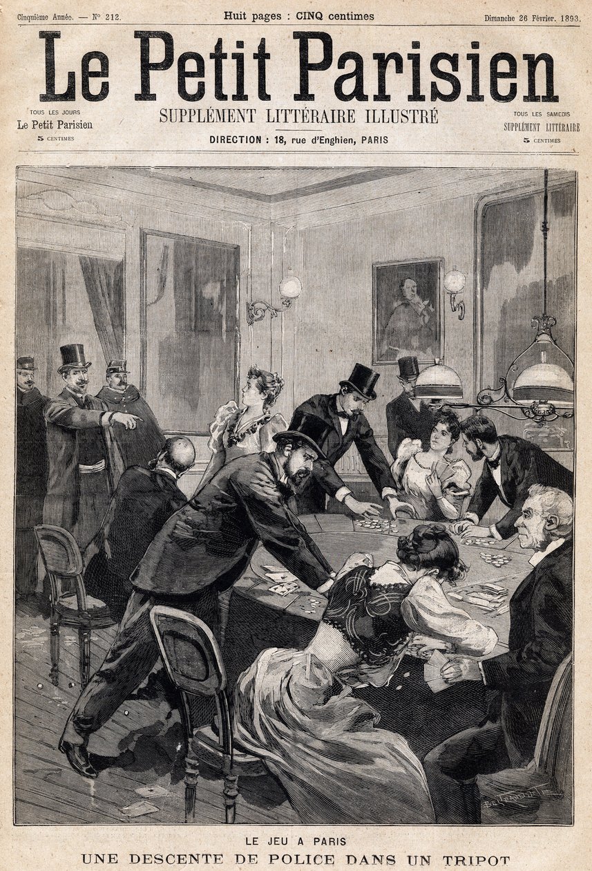 巴黎的游戏屋。警方在一家赌博俱乐部（赌场）进行突击检查。1893年2月26日的《小巴黎人报》之一（雕版）。 作者 法语学校