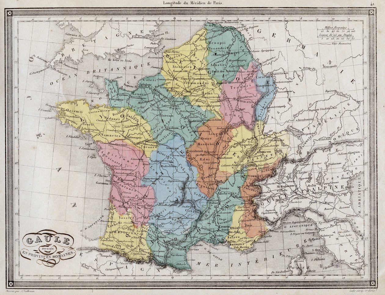 Gaul divided into Roman provinces - Plate extracted from “” Universal Atlas of ancient and modern geography for residential schools”” by Vuillemin - ca. 1845 作者 法语学校