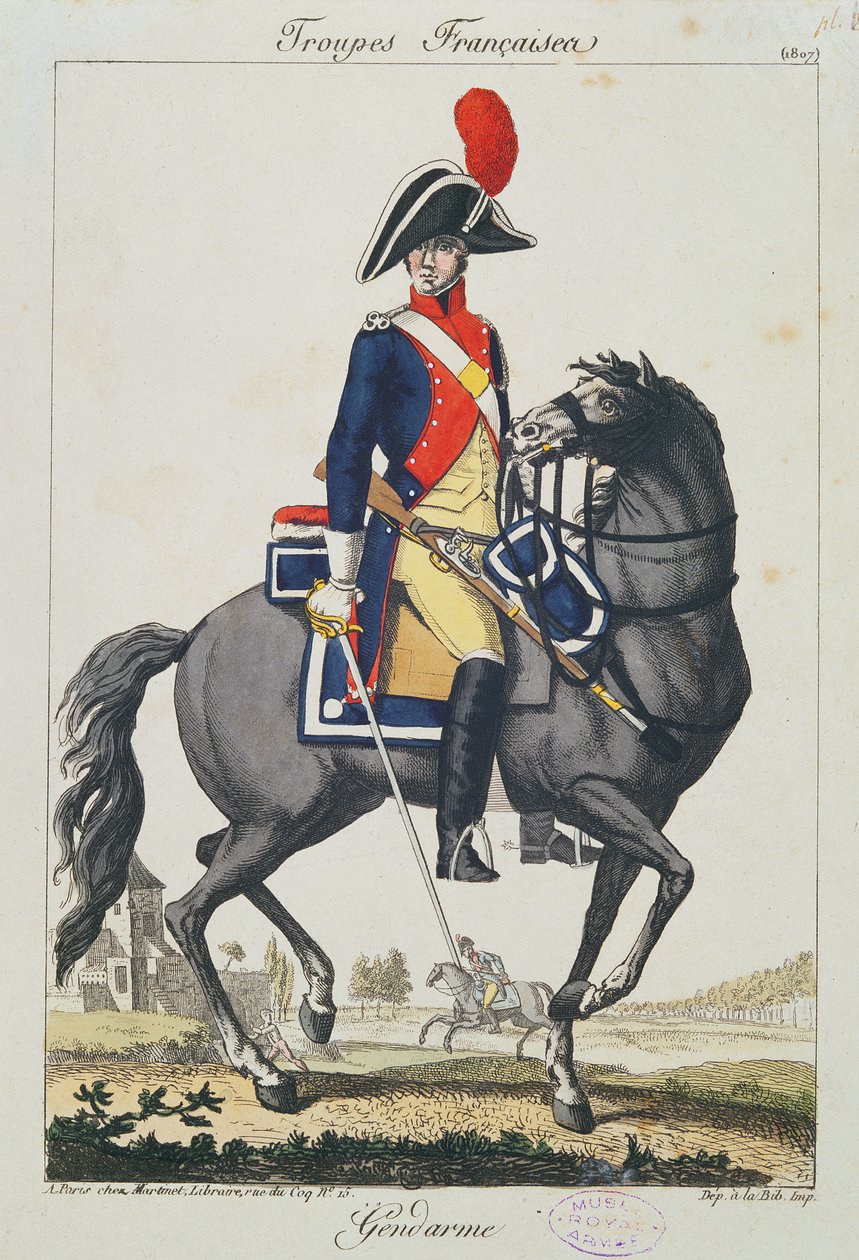 宪兵骑在马上，1807（彩色雕刻） 作者 法语学校