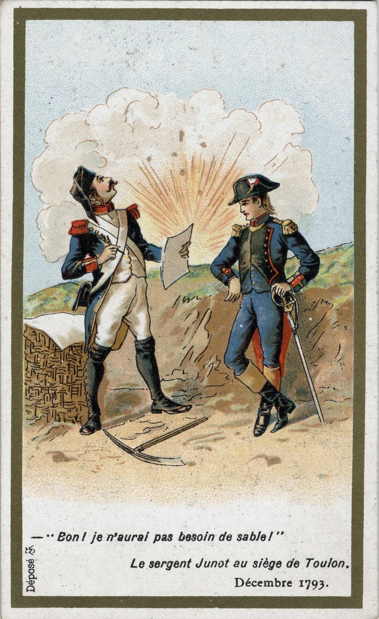 阿布兰特公爵让-安托什-朱诺（Jean-Andoche）（1771-1813）将军在1793年12月围攻土伦时为拿破仑-波拿巴写了一封信。一颗英国球把军士长朱格诺的纸覆盖在地上。"好吧，"他说，"我不需要沙子了！" 作者 法语学校