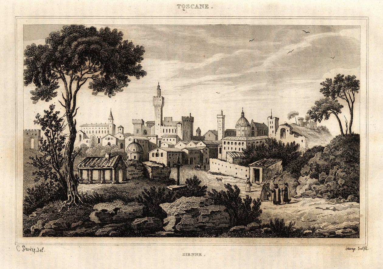 托斯卡纳的锡耶纳（Siena）总图，C. Deveze在《意大利风景画》中的雕刻，Amable Coste编辑 作者 法语学校