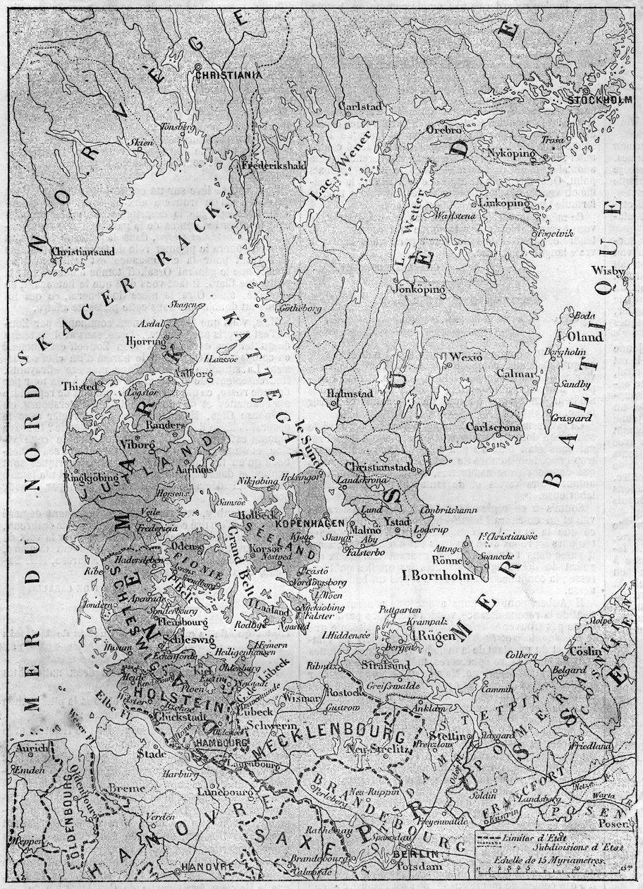 1861年的丹麦地理图，包括石勒苏益格、荷尔斯泰因和劳恩堡公爵。1861年2月9日在《世界画报》第200期上的版画。 作者 法语学校