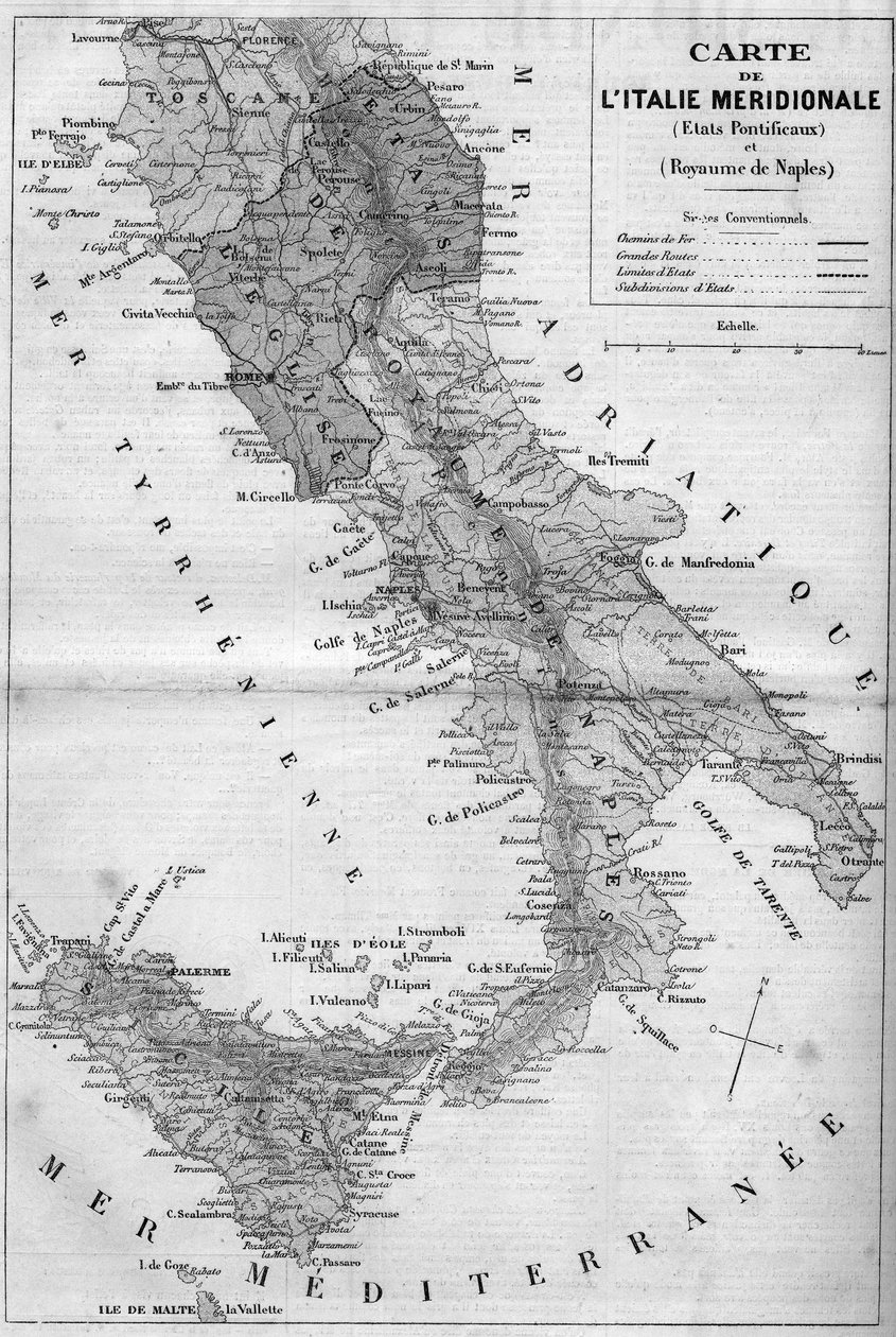 1860年意大利中部地区的地理图。教廷国家和那不勒斯王国。雕刻于1860年5月26日《世界画报》第163期。 作者 法语学校