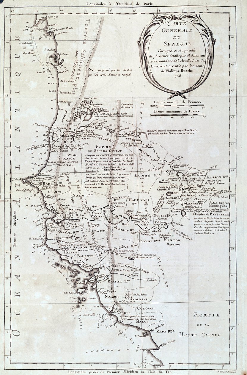 塞内加尔地理图，来自Philippe Buache（1700-1773）的地图集，1756年巴黎，自然历史博物馆 作者 法语学校