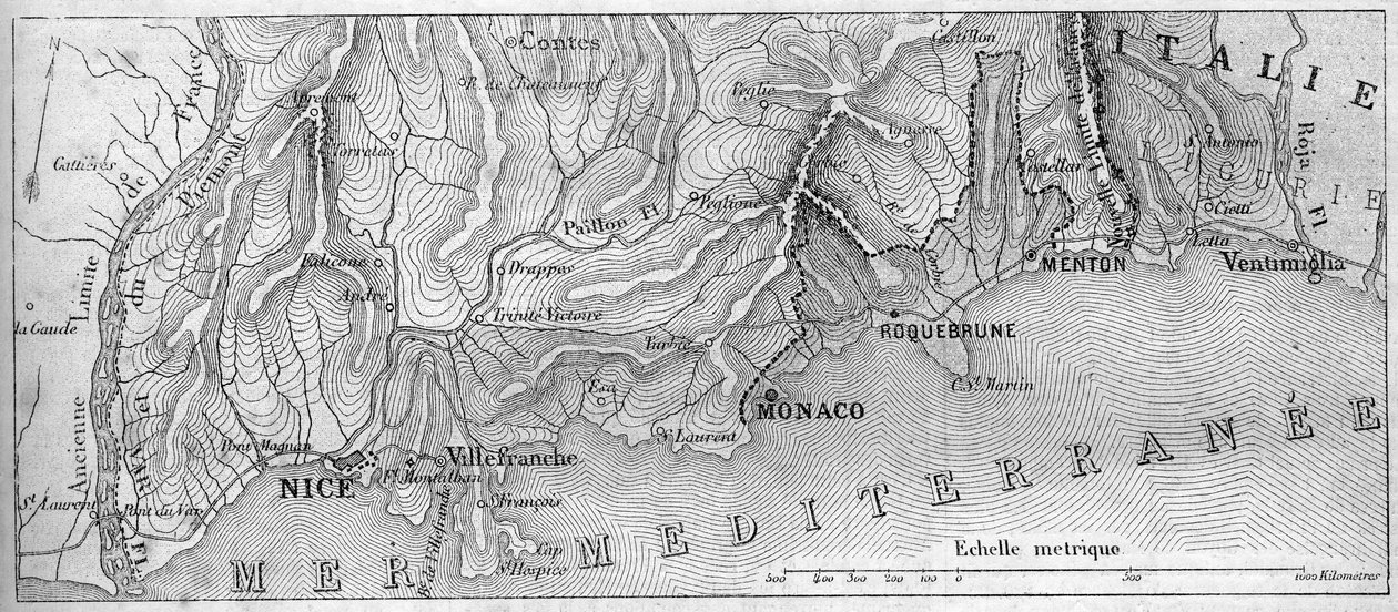 摩纳哥公国的地理地图，1861年，在罗克布伦市和芒通市加入法国之前。1861年2月23日《世界画报》第202期上的版画。 作者 法语学校