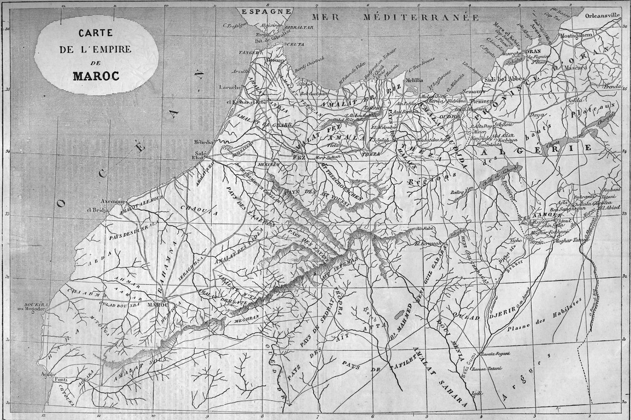 859年摩洛哥帝国的地理地图。1859年10月1日《世界画报》第129期上的版画。 作者 法语学校