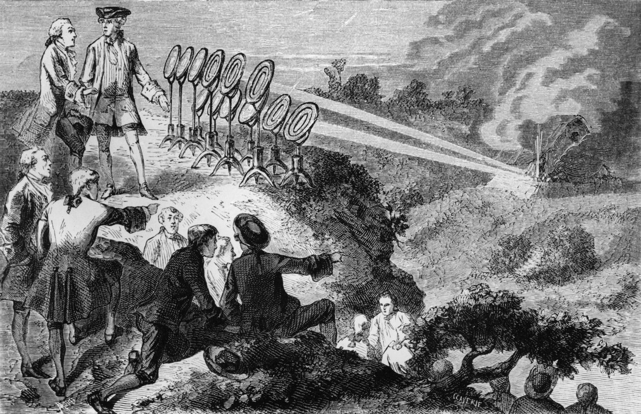 Georges-Louis Leclerc（1707-88）Count de Buffon在Montbard的干草堆上试验炽烈的镜子，来自Louis Figuier的La Vie des Savants Illustres，于1872年在巴黎出版（bw p 作者 法语学校