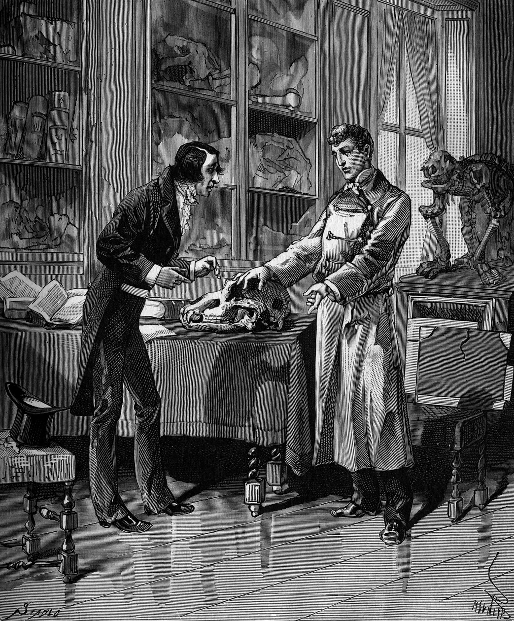 Georges Cuvier (1769-1832)，法国自然学家和一个年轻的学生。载于Bitard Adolphe 1880年的 "Histoire populaire des sciences, inventions et discoveries from the first centuries to present day"。 作者 法语学校