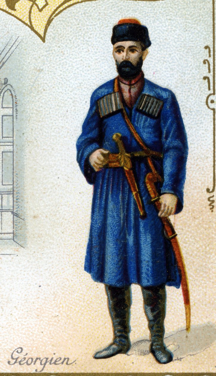 格鲁吉亚男性。 巴黎版画，19 世纪末。 1869 年创建的第戎 Biscuits Pernot 制造商的 25 个广告色彩系列。传统服装中的人物细节 作者 法语学校