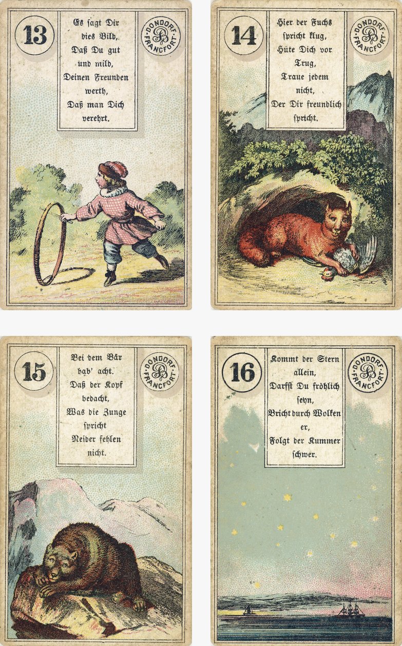 德国版Lenormand法国cartomancy甲板：The Child，The Fox，The Bear，The Star，由Dondorf出版，法兰克福，19世纪 作者 法语学校