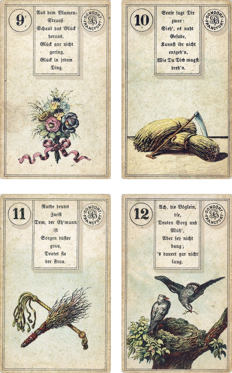 德国版的Lenormand法国cartomancy套牌：The Flowers，The Scythe，The Birch-rodThe Whip，The Birds，由Dondorf出版，法兰克福，19世纪 作者 法语学校