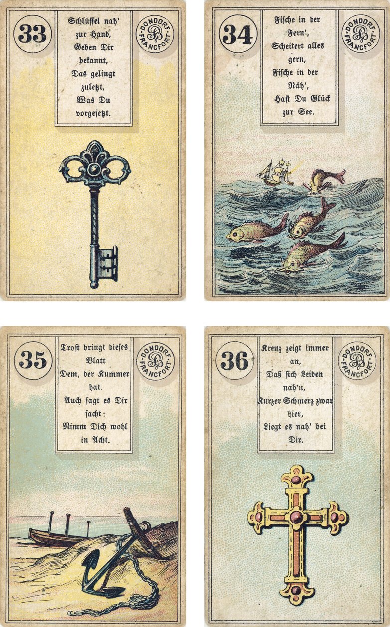 德国版Lenormand法国cartomancy甲板：The Key，The Fish，The Anchor，The Cross，由Dondorf出版，法兰克福，19世纪 作者 法语学校