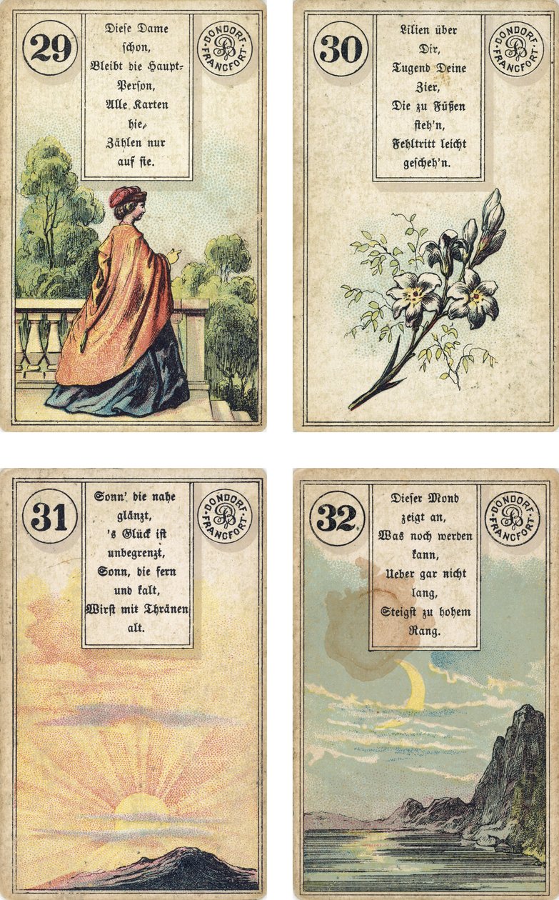 德国版Lenormand法国cartomancy套牌：The Lady，The LiliesThe Lily，The Sun，The Moon，由Dondorf出版，法兰克福，19世纪 作者 法语学校