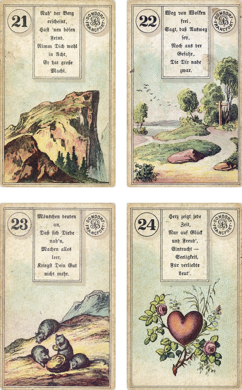 德国版Lenormand法国cartomancy甲板：The Mountain，The Road，The Mice，The Heart，由Dondorf出版，法兰克福，19世纪 作者 法语学校
