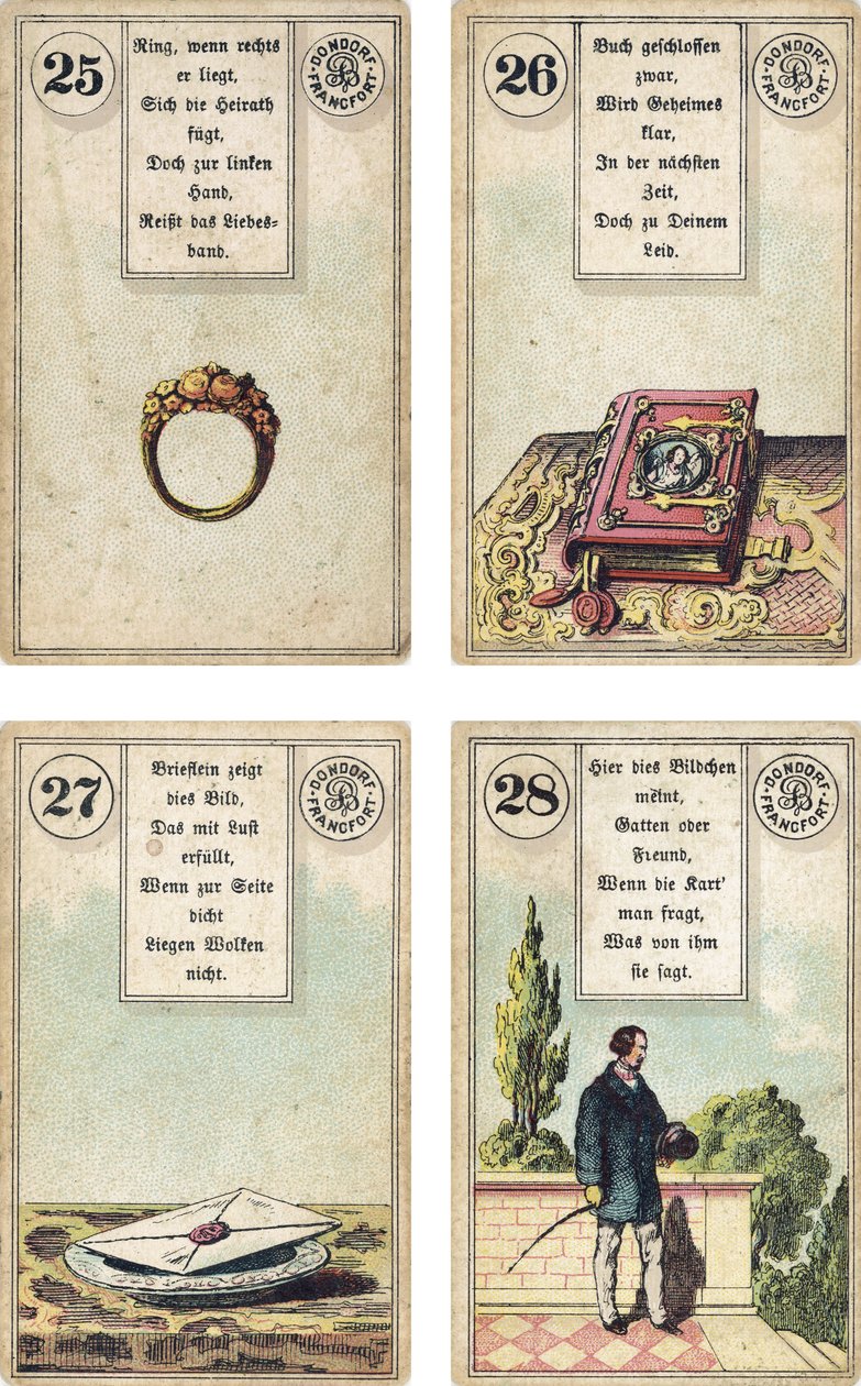 德国版Lenormand法国cartomancy套牌：The Ring，The Book，The Letter，The Gentleman，由Dondorf出版，法兰克福，19世纪 作者 法语学校