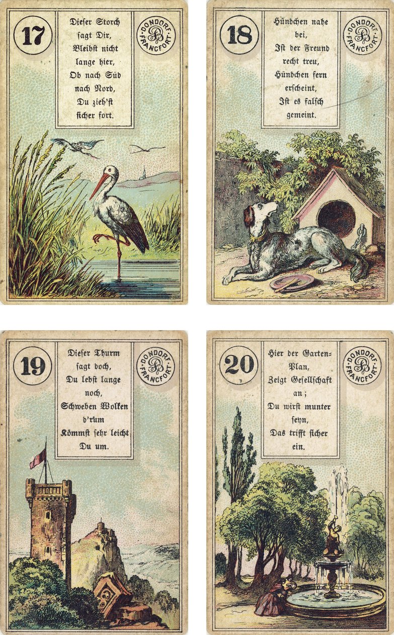 德国版Lenormand法国cartomancy甲板：Stork，The Dog，The Tower，The Garden，由Dondorf出版，法兰克福，19世纪 作者 法语学校