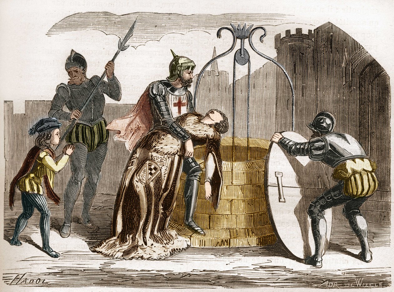 Gilles de Rais (Retz or Rays) (1404-1440), marechal of France makes his wife perir.雕刻于《世界各国人民从古至今的卖淫和放荡史》，由Th.-F.Debray著。1879. 作者 法语学校