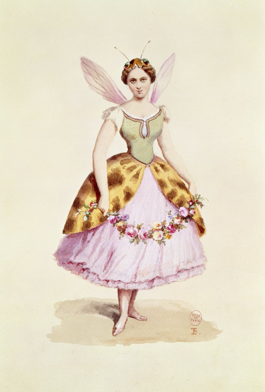 女孩穿着蜜蜂服装，波拿巴会徽，如穿在1863年2月9日拿破仑三世和女皇尤金妮的化装舞会上（wc在纸上） 作者 法语学校