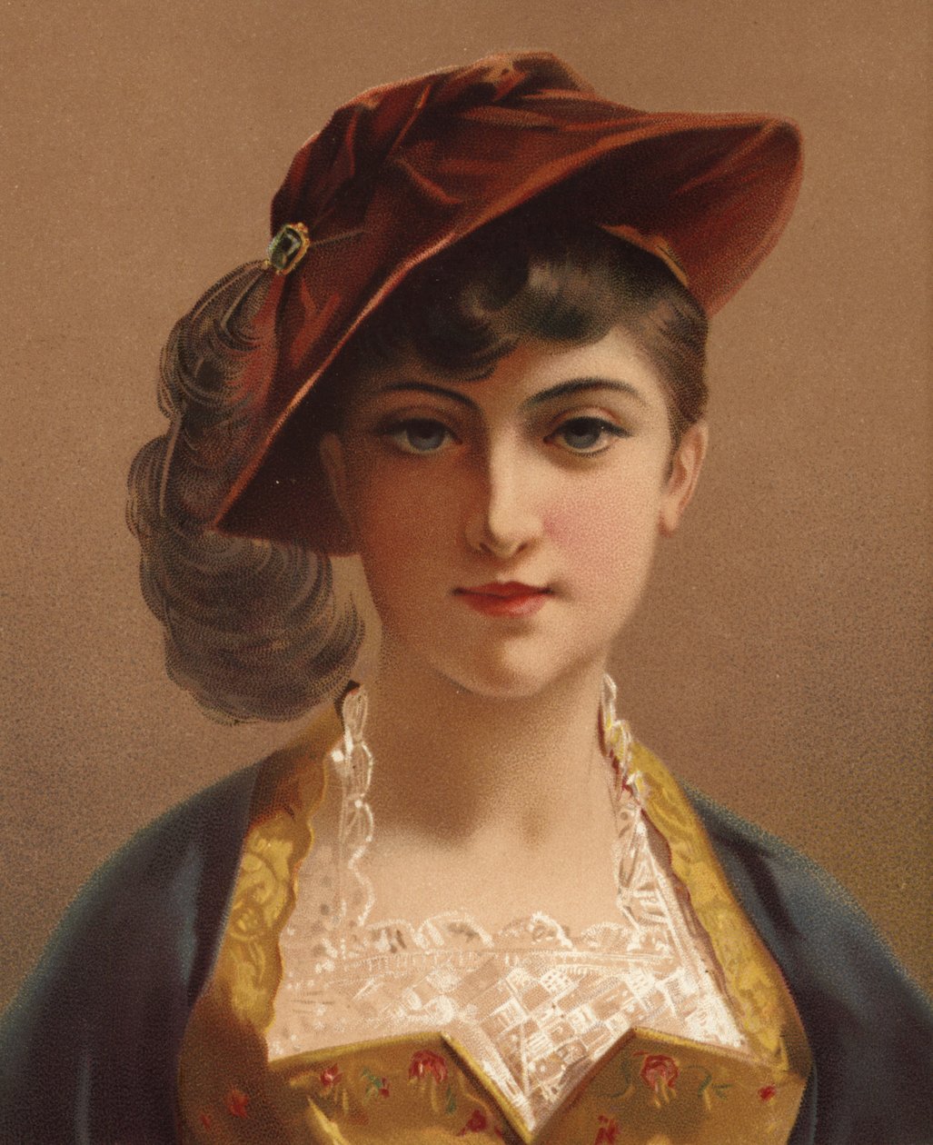 戴红色天鹅绒帽子的女孩（chromolitho） 作者 法语学校