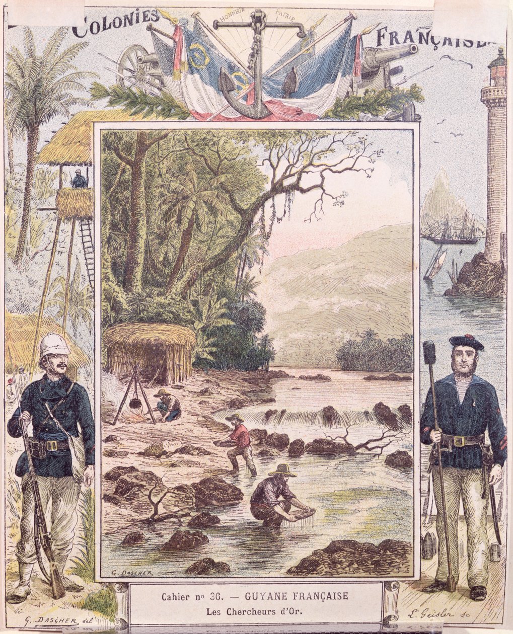 淘金者在法国圭亚那，学校练习本的封面，c.1880 作者 法语学校