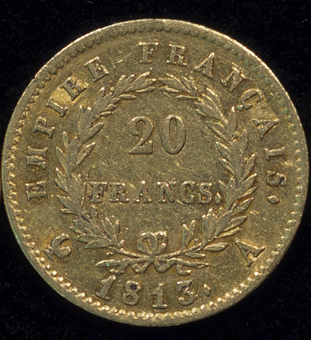 1813年的20法郎金币（拿破仑），背面。 作者 法语学校