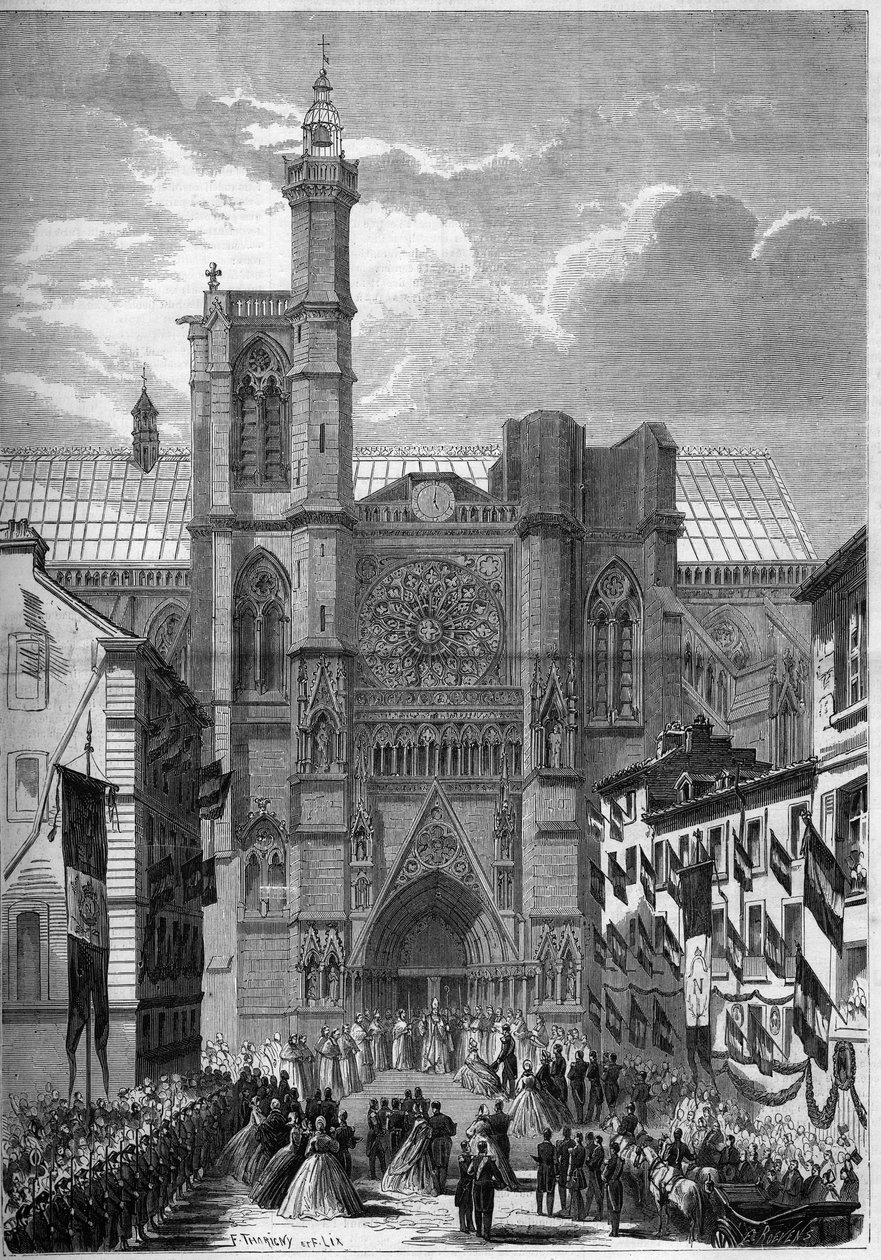 哥特式建筑：克莱蒙费朗圣母大教堂（Clermond-Ferrand）的景观，Puy de Dome（63），1862年拿破仑三世和Eugenie de Montijo印记访问期间。1862年7月19日《世界画报》第275期的版画。 作者 法语学校