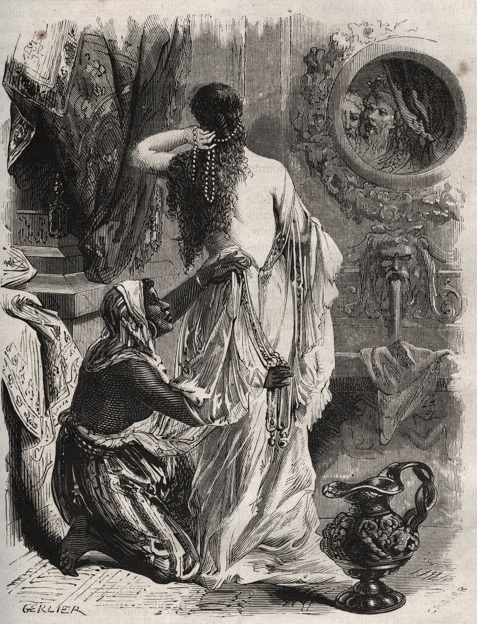 希腊神话：Lydie Candaule（或Caudale）的国王向他的知己Gyges展示了他妻子的裸体，当她在卧室里解开衣服时，他躲在阴影里。亨利-德-科克（Henry de Kock，1819-1892年）在 "Histoire Des Cocus Celebres "中的1871年版画。 作者 法语学校