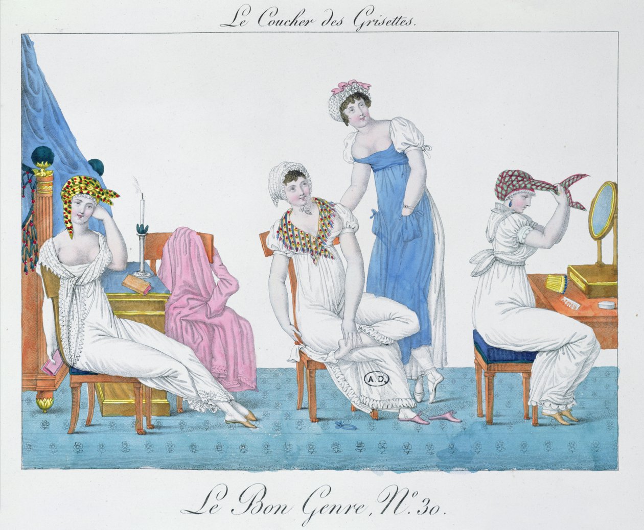Grisettes Preparing for Bed，19 世纪初的“Le Bon Genre”版画 30（彩色石版画） 作者 法语学校