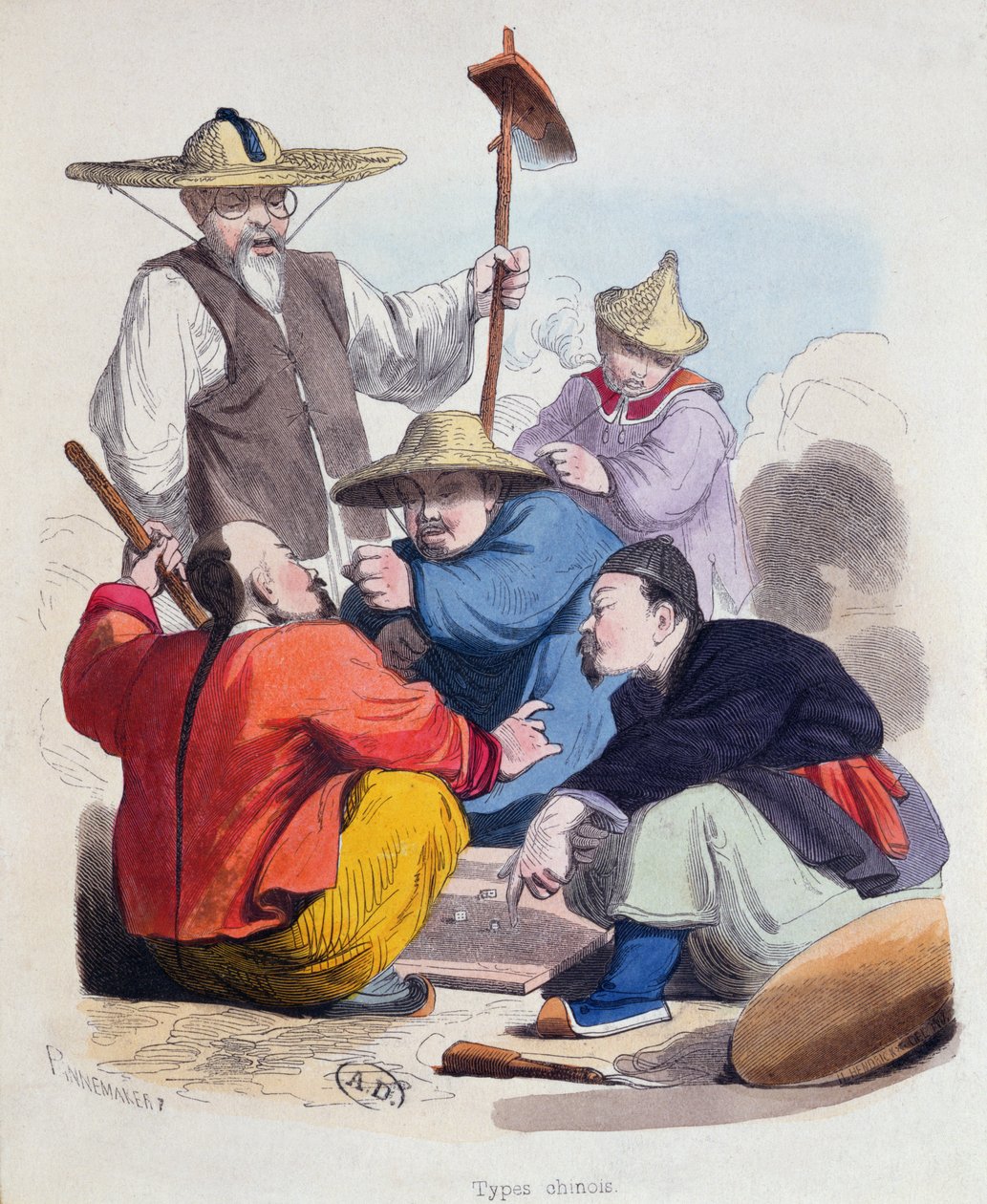 一群中国男子玩骰子，1850年（彩色雕刻） 作者 法语学校