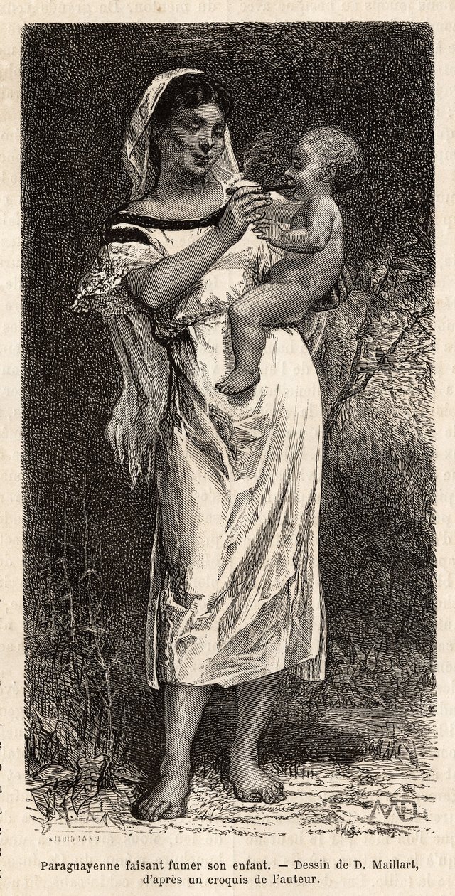 Guaranie woman smoking the cigar to her child, riding on her hip, to try to appease her cries, engraving after D.Maillart