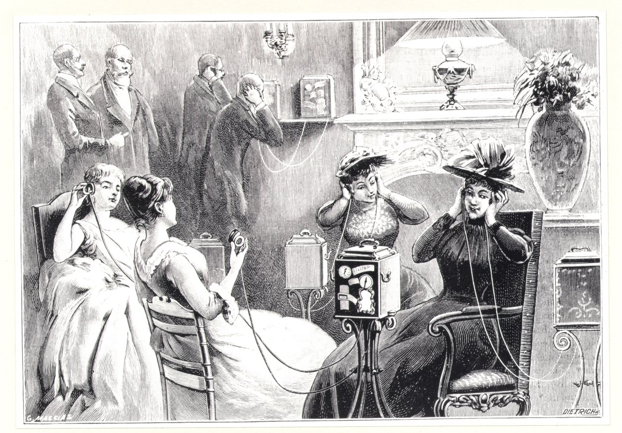 巴黎一家酒店的客人在1892年出版的La Nature的Marinovitchs和Szarvadys Theatrophone上直接接听歌剧或戏剧表演。 作者 法语学校