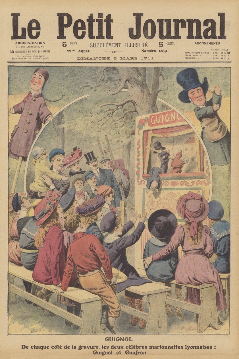 里昂演出中的法国著名木偶 Guignol 和 Gnafron（彩色石版画） 作者 法语学校