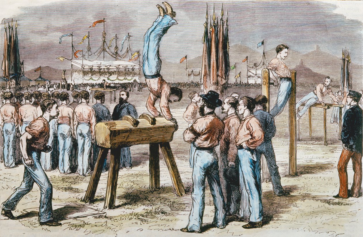 体操比赛，1876年（彩色雕刻） 作者 法语学校