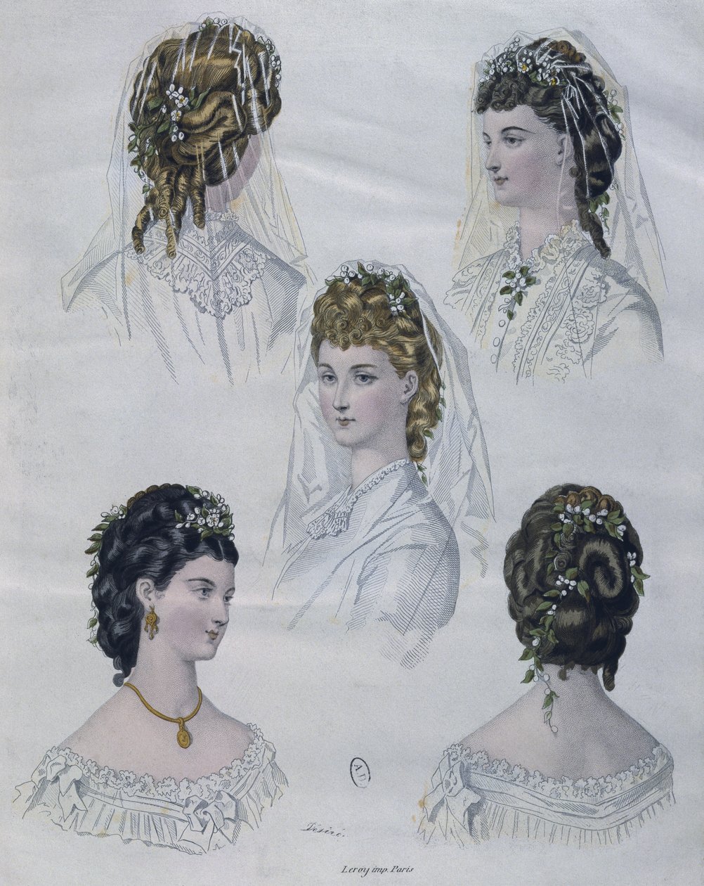 发型，插图来自La Mode illustree，1872年（彩色雕刻） 作者 法语学校