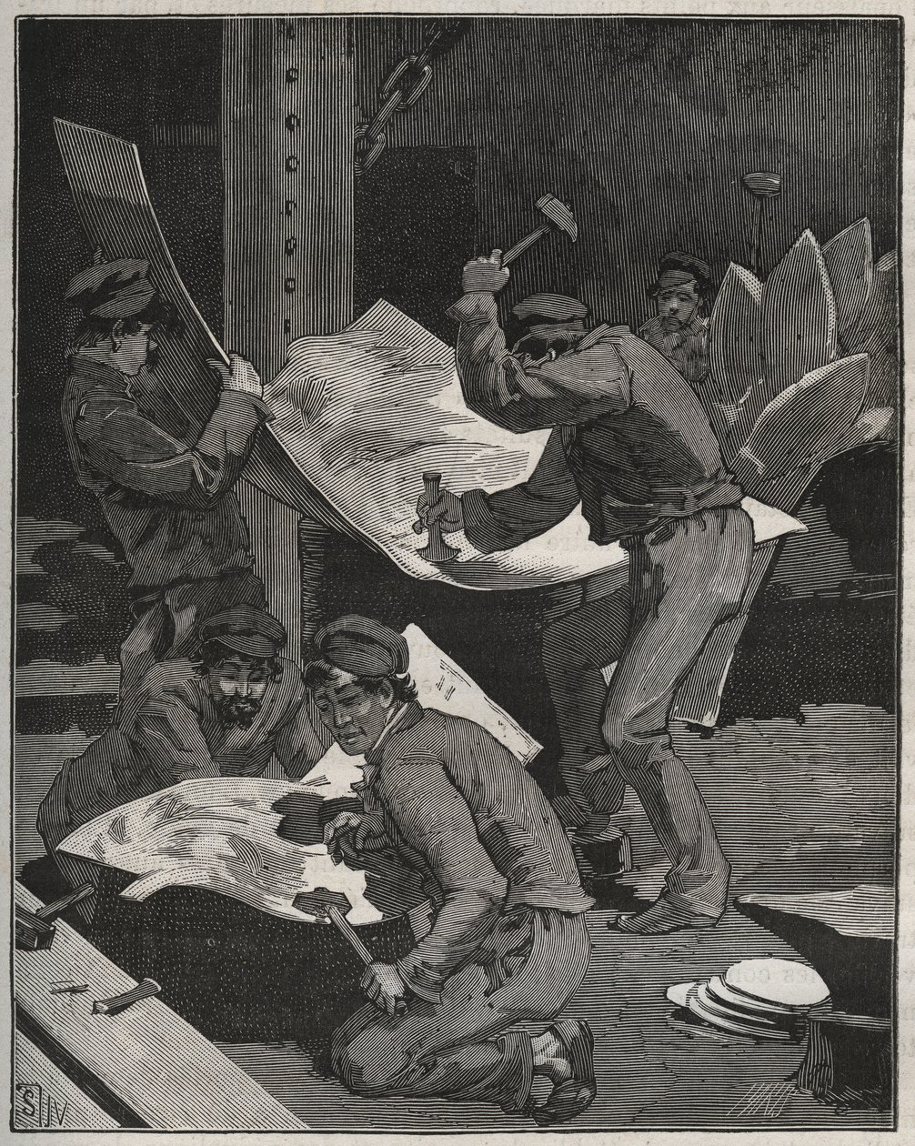 弗雷德里克-奥古斯特-巴托尔迪（1834-1905）制作的自由女神像的锤击和组装部件。阿道夫-比塔尔（Adolphe BITARD）于1880年创作的 "图解艺术 "中的版画。 作者 法语学校