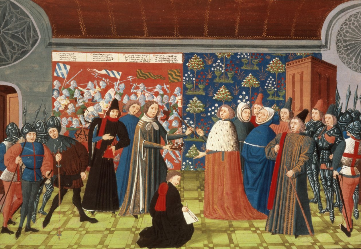 Harl.4380 f.184v 理查德二世将王冠让给德比伯爵，摘自《弗罗萨特编年史》第四卷（牛皮纸） 作者 法语学校