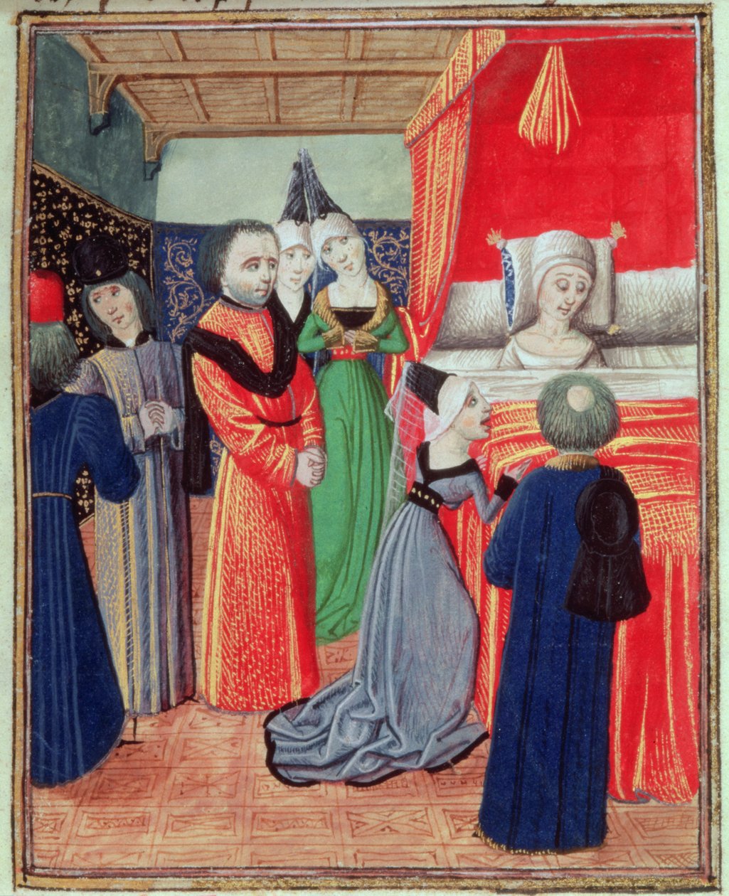 Harl 4380 f.22 理查德二世之妻波希米亚王后安妮死于瘟疫，摘自《弗罗萨特编年史》第四卷（牛皮纸）。 作者 法语学校