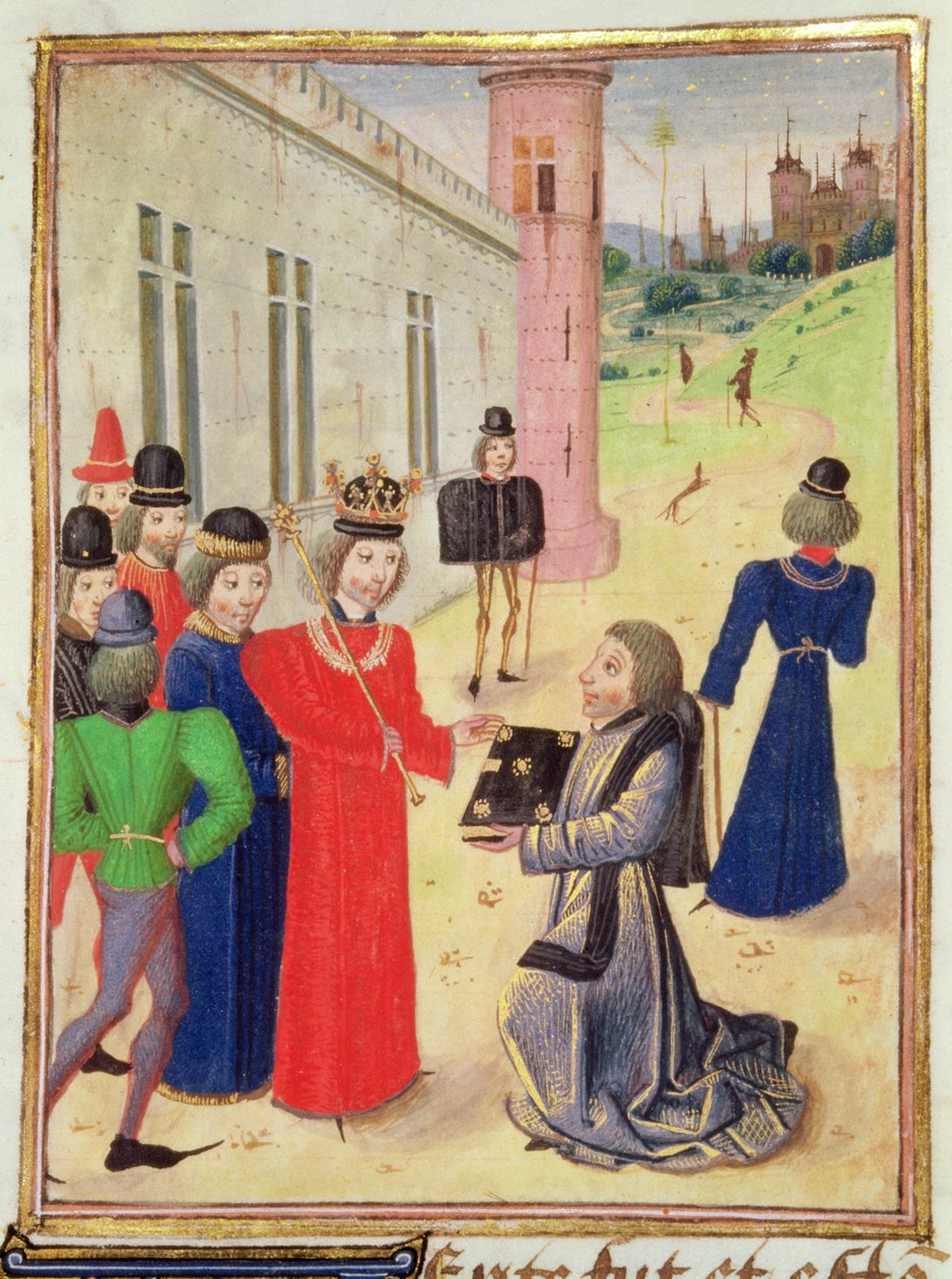 Harl 4380 f.233v 弗罗萨特向理查德二世赠书，选自《弗罗萨特年谱》第四卷（牛皮纸） 作者 法语学校