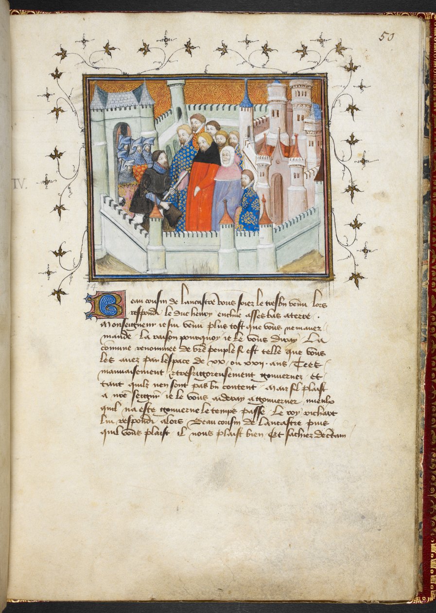 哈雷 1319 f.50，理查德二世和博林布鲁克在弗林特城堡，约 1401-05 年（牛皮纸） 作者 法语学校