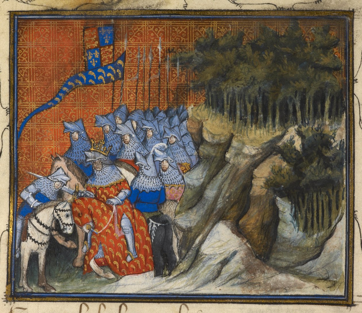 Harley 1319 f. 5，国王理查德二世在爱尔兰战役中与蒙茅斯的亨利交战，选自《国王理查德二世被俘和死亡之书》（牛皮纸）。 作者 法语学校