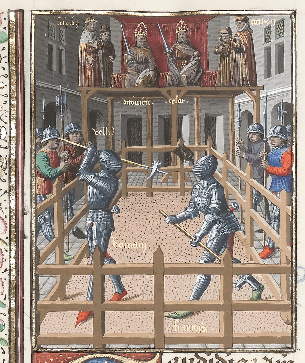 哈雷 4375 号 f.171v，两名骑士使用波拉克斯进行战斗，选自 "Valerius Maximus"，约 1473-80 年（牛皮纸） 作者 法语学校