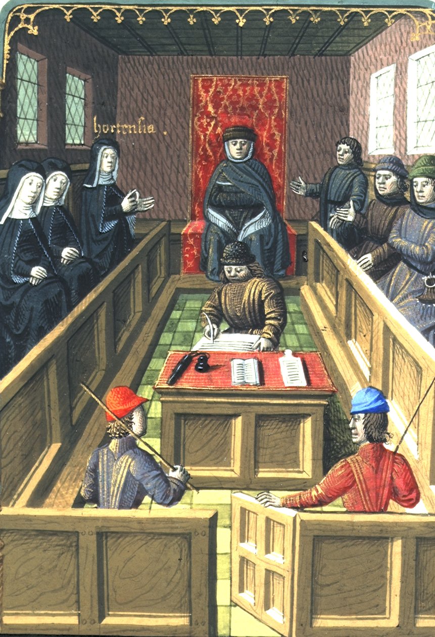 Harley 4375 fol.138v Triumvirate 前的 Hortensia，选自 Valerius Maximus 的《Les faits et les dis des romains et de autres gens》。 作者 法语学校
