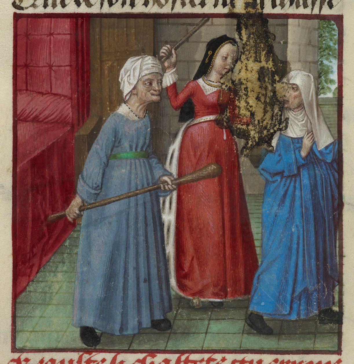 哈雷 4425 fol.81v 《Beaute》（美女）和《Laideur》（丑陋）与《Chastete》（贞洁）的微型画，选自《Roman de la Rose》，约 1490-1500 年（牛皮纸）。 作者 法语学校