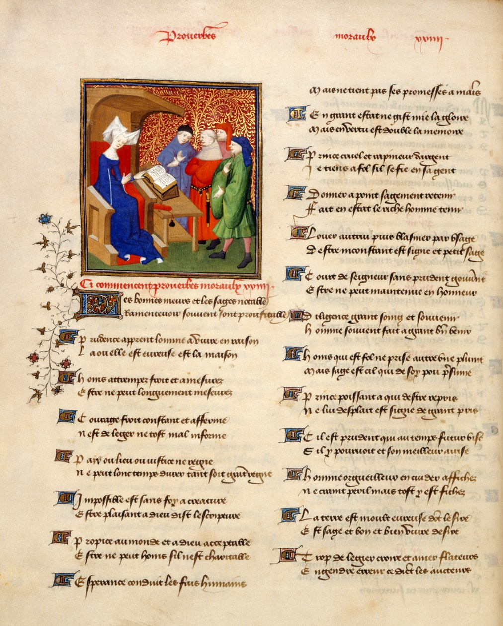 哈雷 4431 卷 II，f.259v 一位妇女在 "Proverbes moraux "开头朗读道德箴言的缩影，选自克里斯蒂娜-德-皮赞（Christine de Pizan）的《王后之书》，约 1410-14 年（牛皮纸上的墨水、彩色和金色）。 作者 法语学校