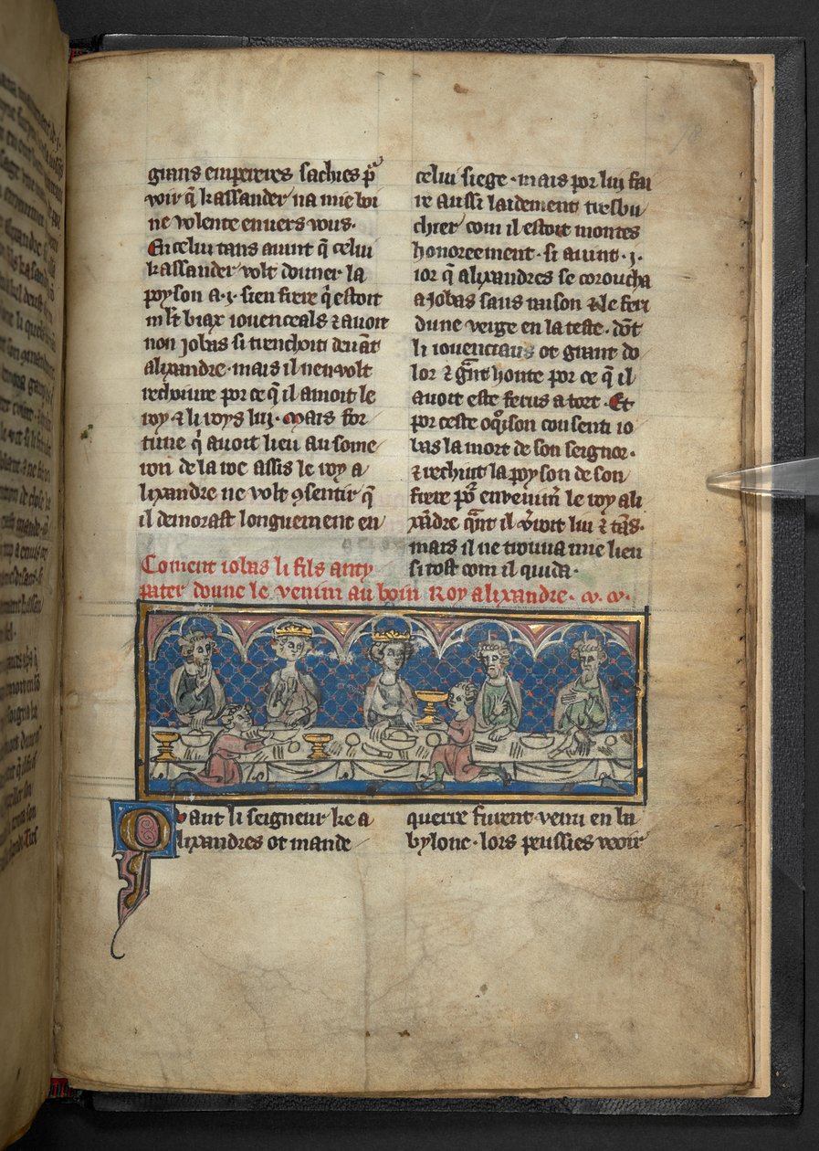 哈雷 4979，f.78 亚历山大在宴会上从约巴斯手中接过毒药。 

选自 "Roman d