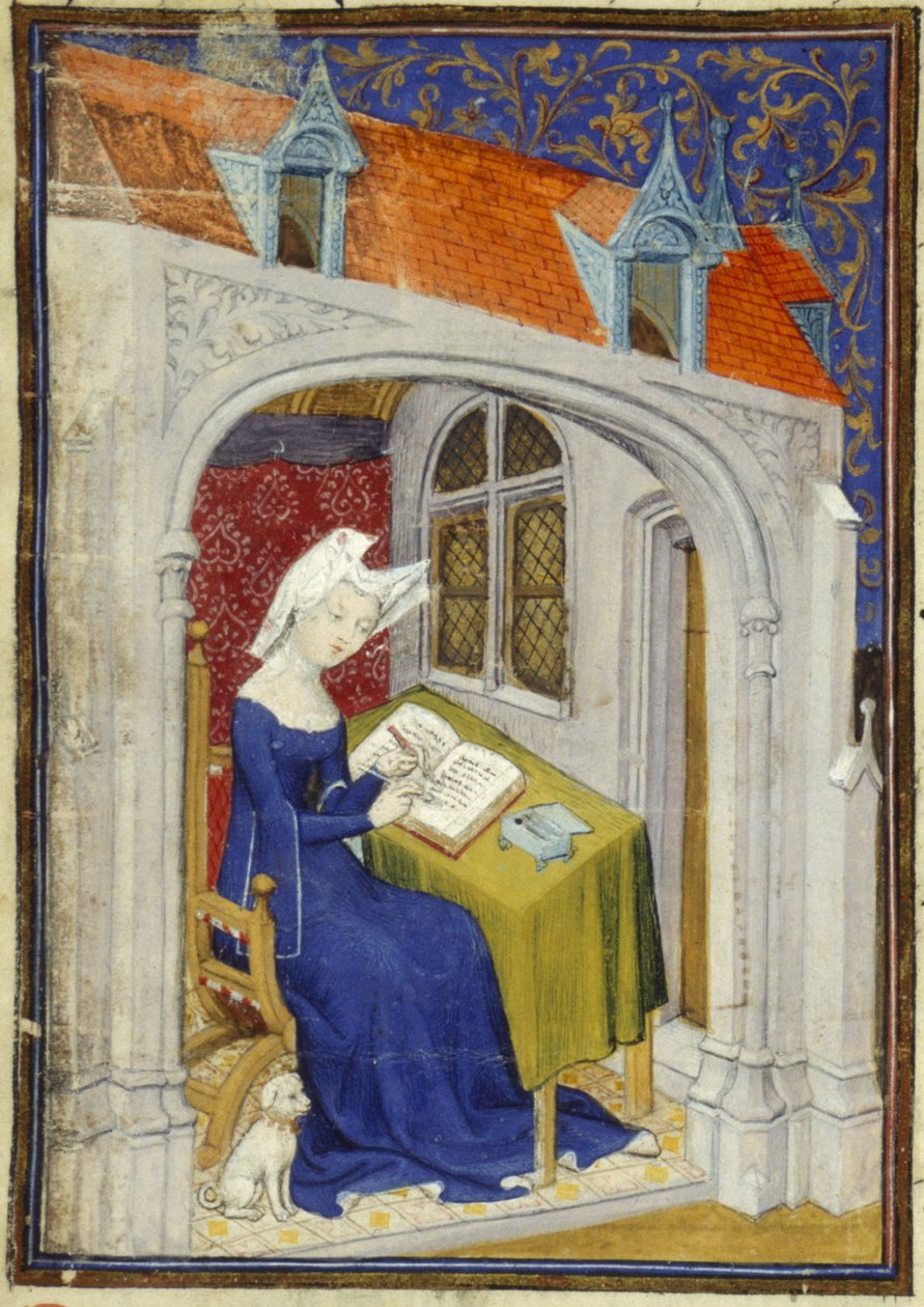哈雷 MS 4431 f.004r 克里斯蒂娜-德-皮赞（Christine de Pizan）在 "Cent balades "开头的书房中的微缩画细节，约 1410-14 年（羊皮纸上的墨水和彩色）。 作者 法语学校