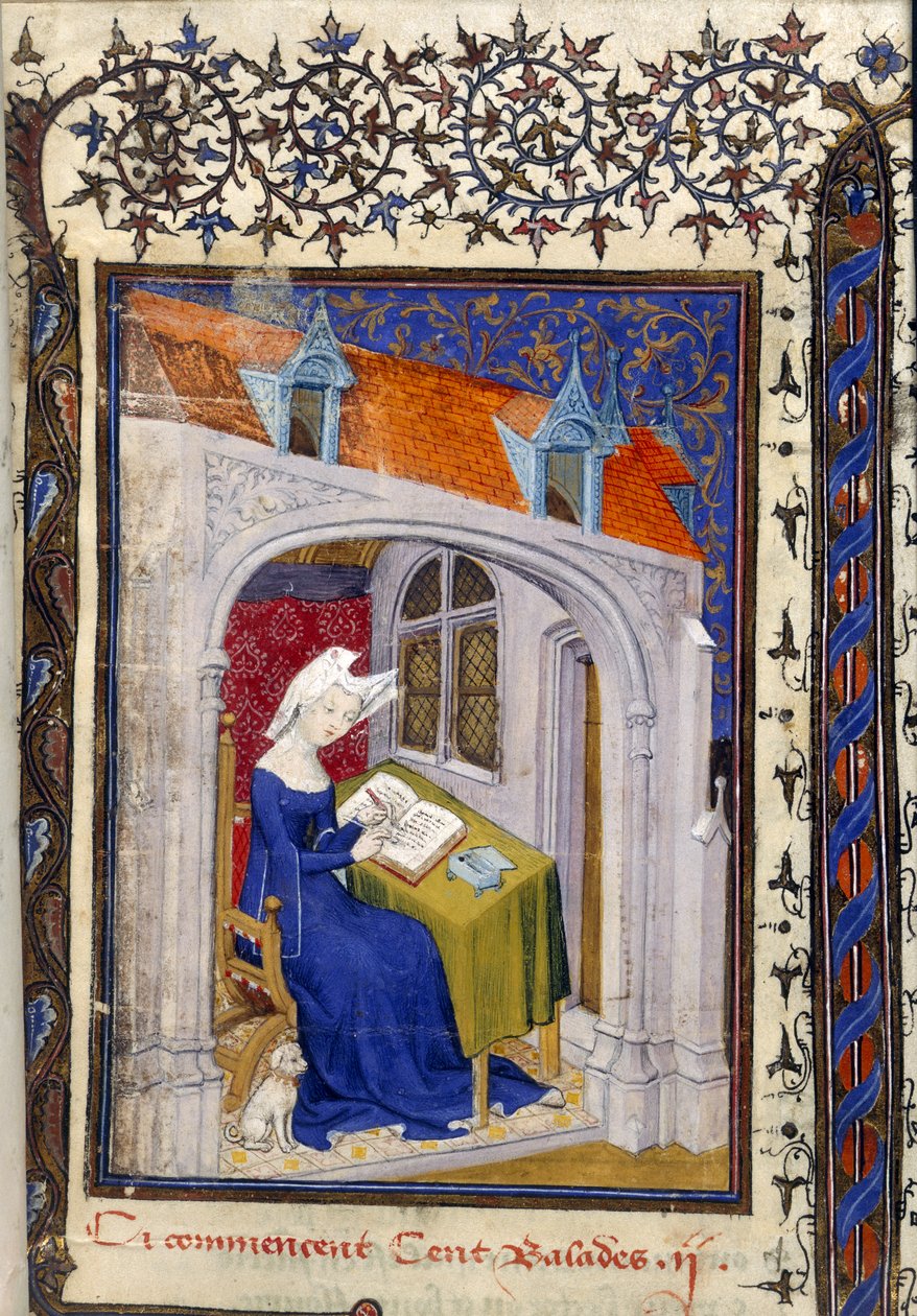 哈雷 MS 4431 f.004r 克里斯蒂娜-德-皮赞（Christine de Pizan）在 "Cent balades "开头的书房中的微缩画细节，约 1410-14 年（羊皮纸上的墨水和彩色）。 作者 法语学校